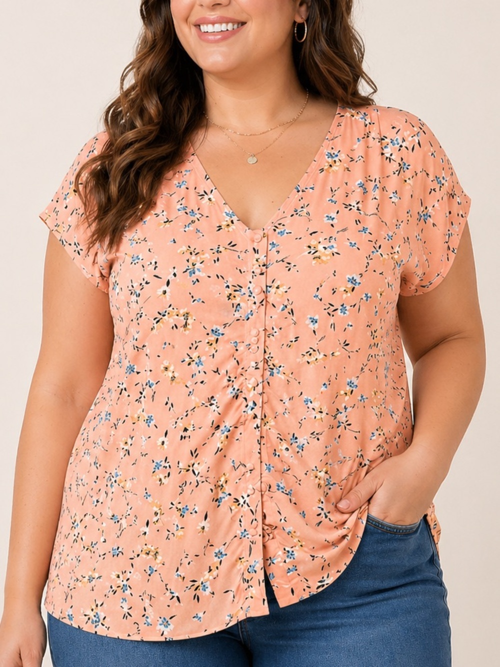 Torrid‎ 1X Peach Floral Blouse Button Front V Neck Lightweight Plus Size Top